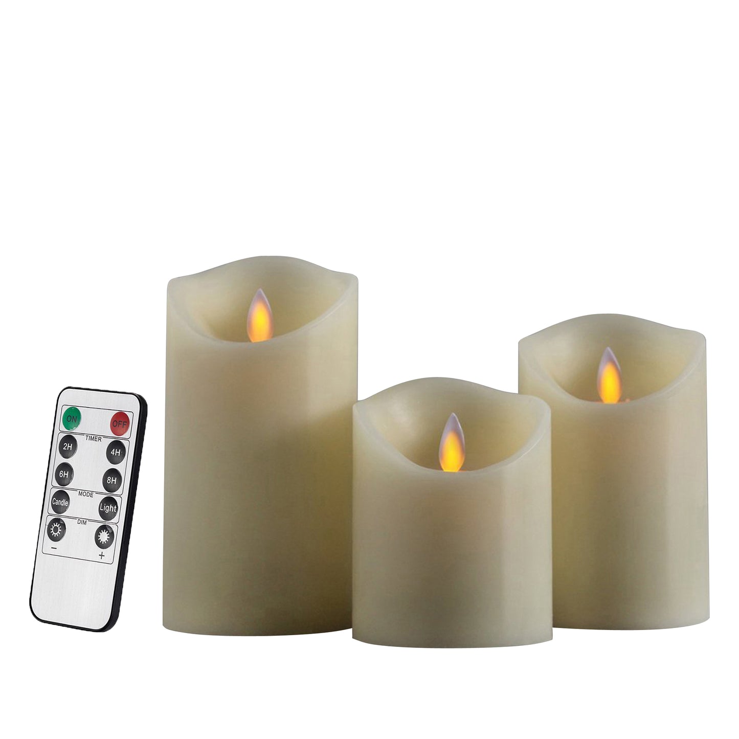 CVHOMEDECO. 3 PCS/SET Dancing Flame Wax Pillar LED Candle with Remote Control, 3.25 X 4/5/6 Inch, Ivory