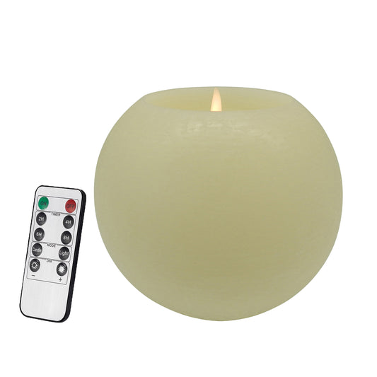 CVHOMEDECO. Moon Sphere Wax LED Dancing Flame Candle Ball Battery Operated Wax LED Flameless Candle with Timer and Remote Control, Dia. 6 X 5 Inch, Cream