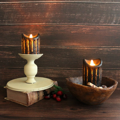 CVHOMEDECO. Real Wax Hand Dipped Battery Operated LED Pillar Candles with Timer and Remote Control, Primitives Rustic Flickering Dancing Flame Lights Décor, 6 & 4 Inch, Set of 2, Black.