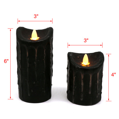 CVHOMEDECO. Real Wax Hand Dipped Battery Operated LED Pillar Candles with Timer and Remote Control, Primitives Rustic Flickering Dancing Flame Lights Décor, 6 & 4 Inch, Set of 2, Black.