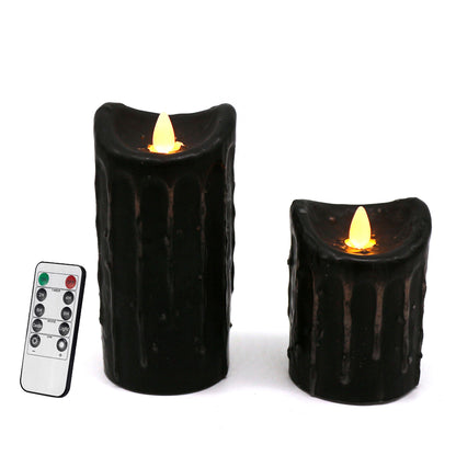 CVHOMEDECO. Real Wax Hand Dipped Battery Operated LED Pillar Candles with Timer and Remote Control, Primitives Rustic Flickering Dancing Flame Lights Décor, 6 & 4 Inch, Set of 2, Black.