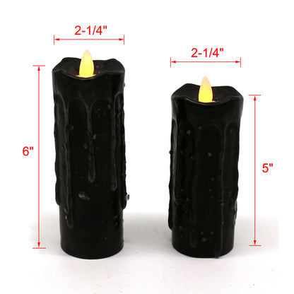 CVHOMEDECO. Real Wax Hand Dipped Battery Operated LED Pillar Candles with Remote Control, Primitives Country Flickering Dancing Flame Lights Décor, 6 & 5 Inch, Set of 2, Black.