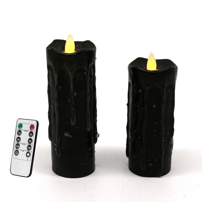 CVHOMEDECO. Real Wax Hand Dipped Battery Operated LED Pillar Candles with Remote Control, Primitives Country Flickering Dancing Flame Lights Décor, 6 & 5 Inch, Set of 2, Black.