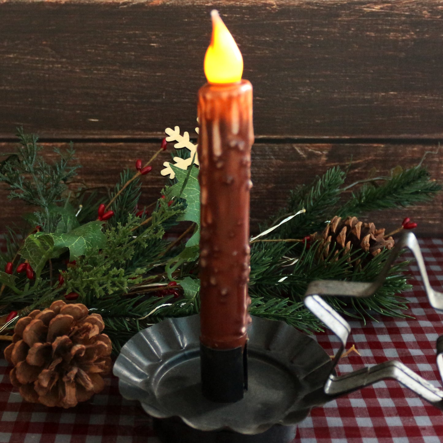 CVHOMEDECO. Real Wax Hand Dipped Battery Operated LED Timer Taper Candles Country Primitive Flameless Lights Décor, 6.75 Inch, Coffee, 2 PCS in a Package