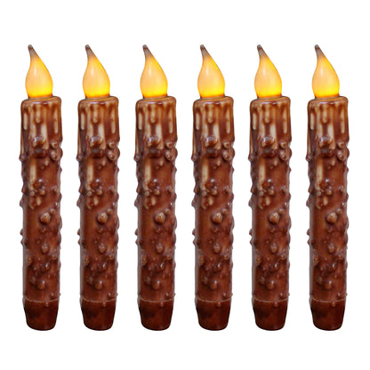 CVHOMEDECO. Real Wax Hand Dipped Battery Operated LED Timer Taper Candles Rustic Primitive Flameless Lights Décor, 6.75 Inch, Coffee, 6 PCS in a Package