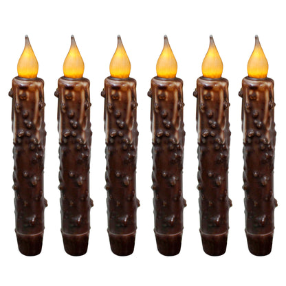 CVHOMEDECO. Real Wax Hand Dipped Battery Operated LED Timer Taper Candles Rustic Primitive Flameless Lights Décor, 6.75 Inch, Brwon, 6 PCS in a Package