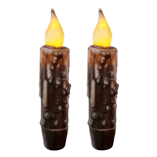 CVHOMEDECO. Real Wax Hand Dipped Battery Operated LED Timer Taper Candles Country Primitive Flameless Lights Décor, 4.75 Inch, Brown, 2 PCS in a Package