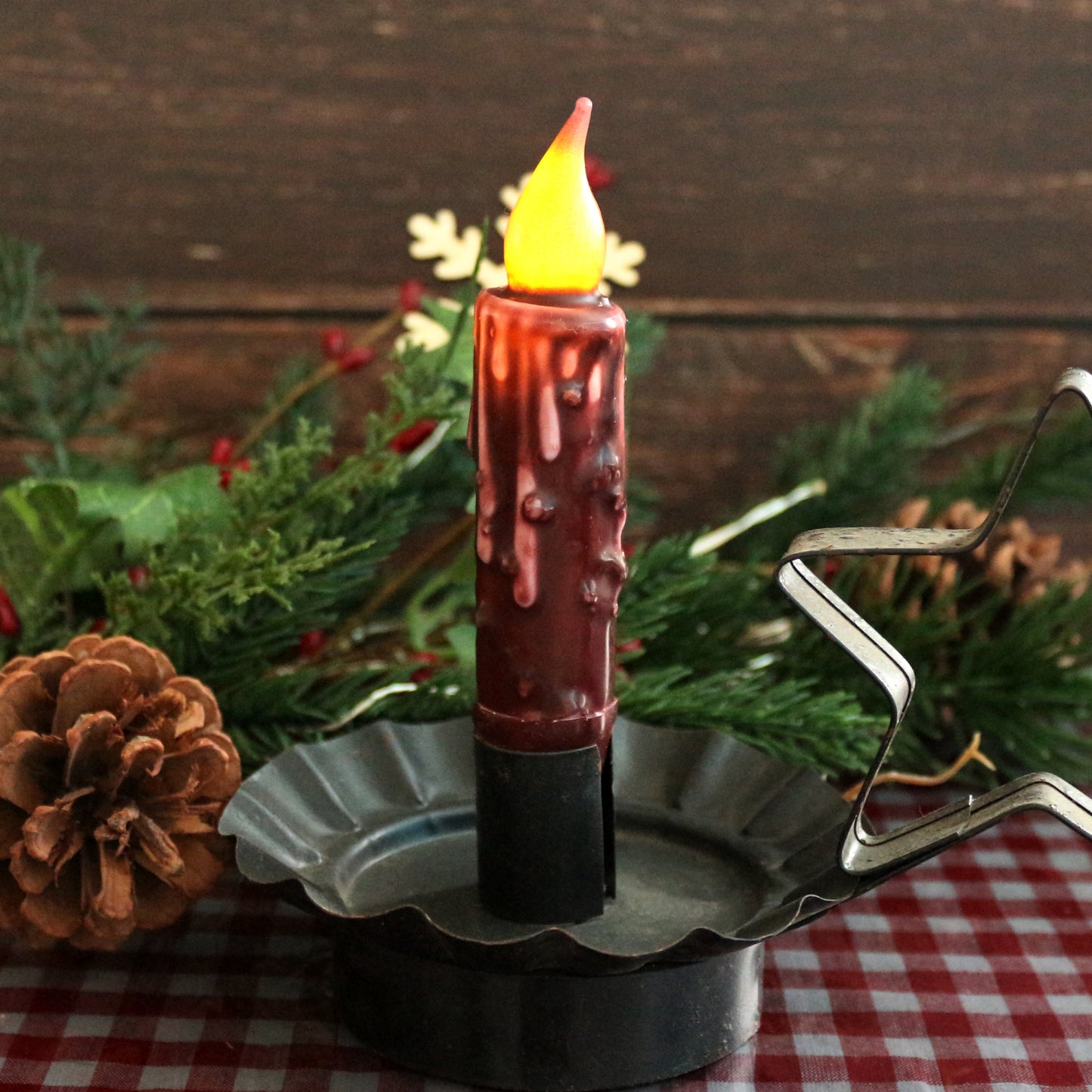 CVHOMEDECO. Real Wax Hand Dipped Battery Operated LED Timer Taper Candles Rustic Primitive Flameless Lights Décor, 4.75 Inch, Burgundy, 6 PCS in a Package