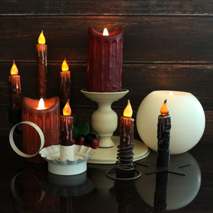 CVHOMEDECO. Real Wax Hand Dipped Battery Operated LED Timer Taper Candles Rustic Primitive Flameless Lights Décor, 4.75 Inch, Burgundy, 6 PCS in a Package