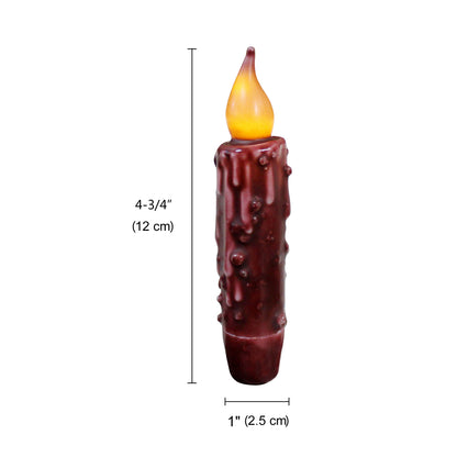 CVHOMEDECO. Real Wax Hand Dipped Battery Operated LED Timer Taper Candles Rustic Primitive Flameless Lights Décor, 4.75 Inch, Burgundy, 6 PCS in a Package