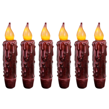 CVHOMEDECO. Real Wax Hand Dipped Battery Operated LED Timer Taper Candles Rustic Primitive Flameless Lights Décor, 4.75 Inch, Burgundy, 6 PCS in a Package