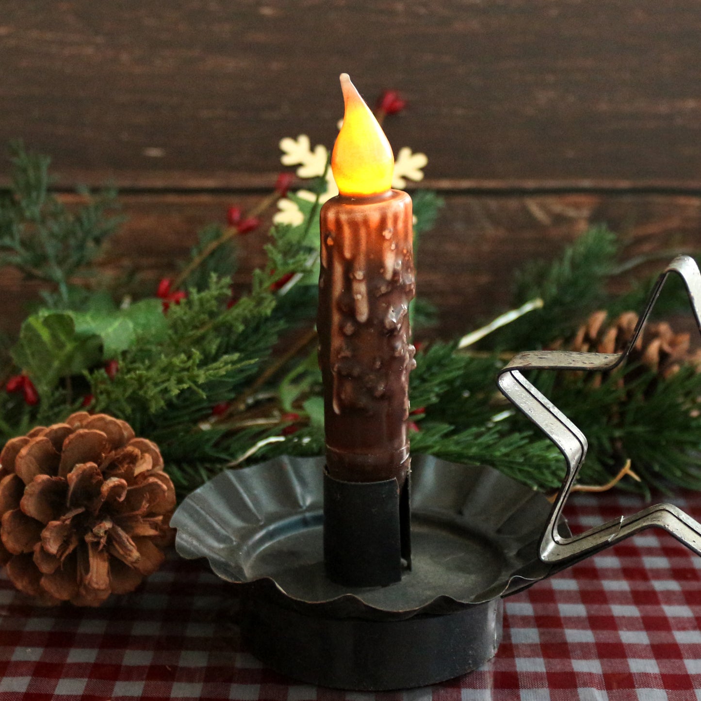 CVHOMEDECO. Real Wax Hand Dipped Battery Operated LED Timer Taper Candles Rustic Primitive Flameless Lights Décor, 4.75 Inch, Brwon, 6 PCS in a Package