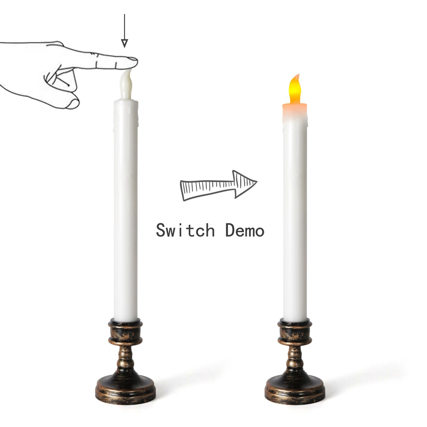 CVHOMEDECO. Battery Operated Taper Candles with Holder Flickering Warm Yellow Flameless Lights Décor (2 Pack White)