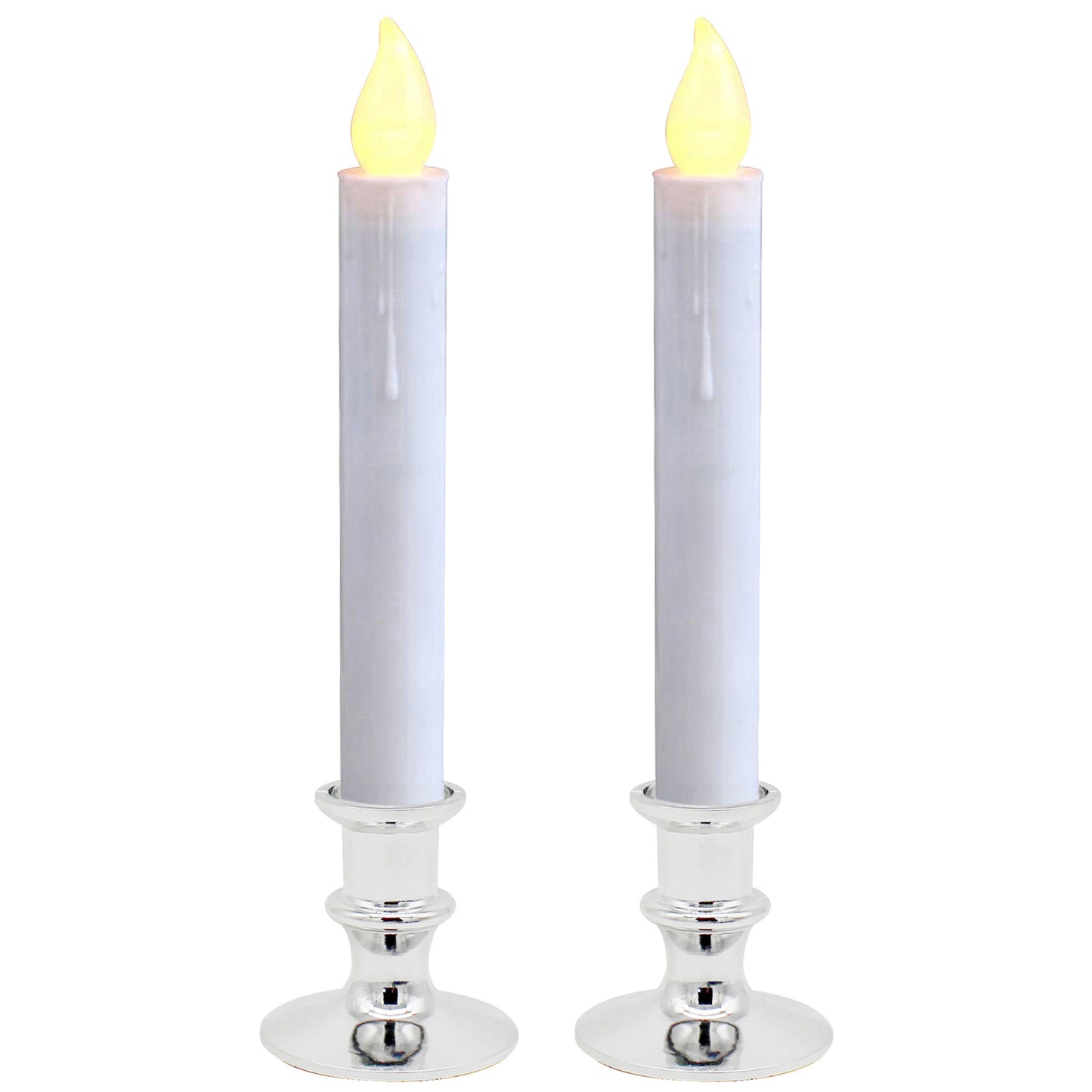 CVHOMEDECO. Battery Operated LED Window Candles, Auto On/Off, Silver Plastic Base, Flickering Warm Orange Flameless Lights Decor. (2 Pack)