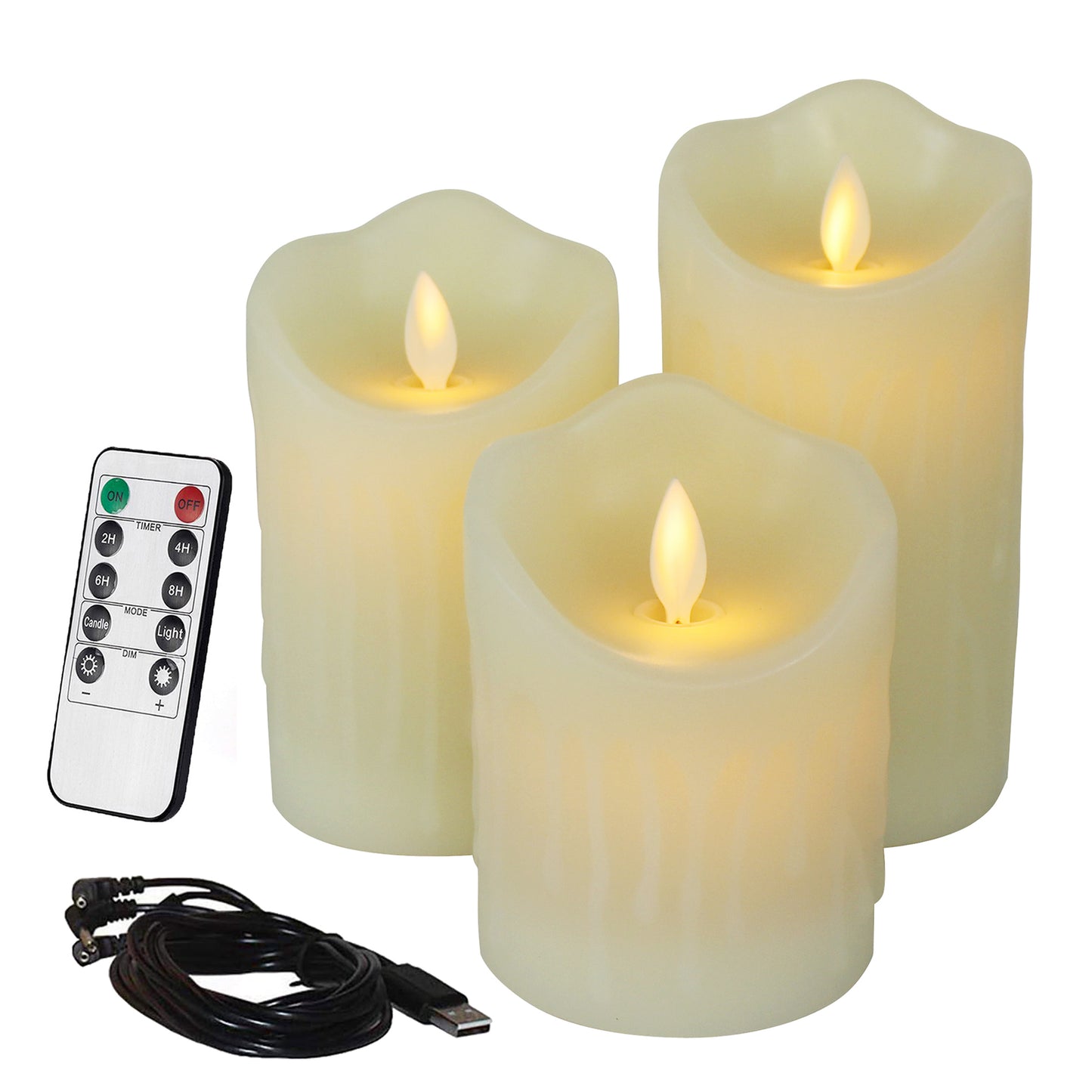CVHOMEDECO. Flameless Candles Electronic Rechargeable Battery Extra Bright Ivory Dripping Real Wax Pillars LED Flickering Pillar Candle with 10 Key Remote Control, Set of 3