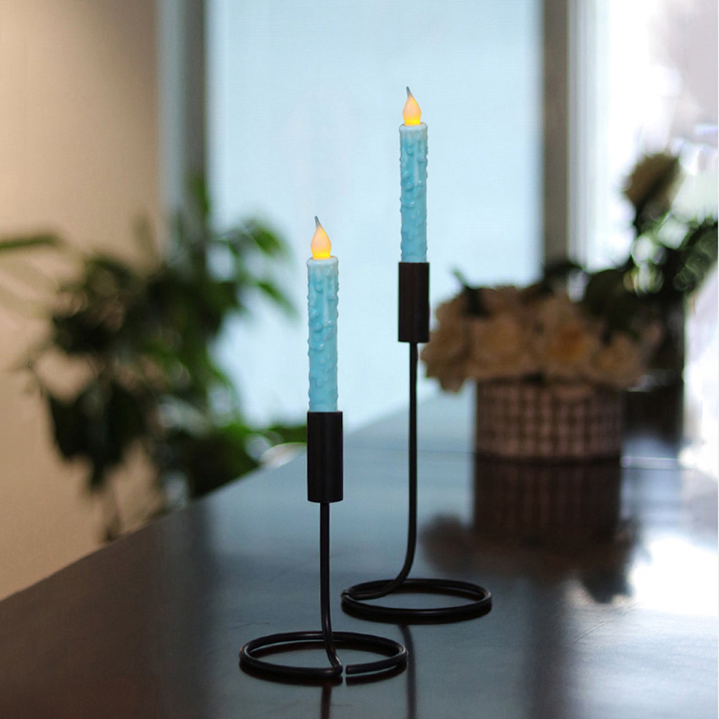 CVHOMEDECO. Real Wax Hand Dipped Battery Operated LED Timer Taper Candles Rustic Primitive Flameless Lights Decor, 6.75 Inch, Teal, 2 PCS in a Package