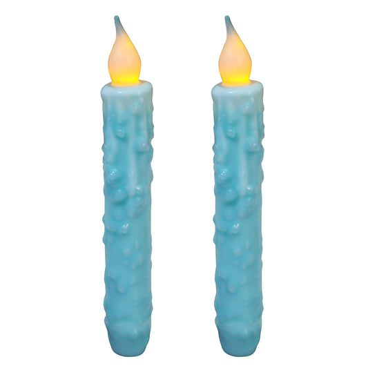 CVHOMEDECO. Real Wax Hand Dipped Battery Operated LED Timer Taper Candles Rustic Primitive Flameless Lights Decor, 6.75 Inch, Teal, 2 PCS in a Package