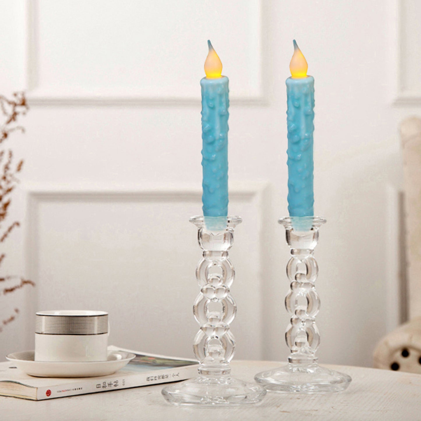 CVHOMEDECO. Real Wax Hand Dipped Battery Operated LED Timer Taper Candles Rustic Primitive Flameless Lights Decor, 6.75 Inch, Teal, 6 PCS in a Package