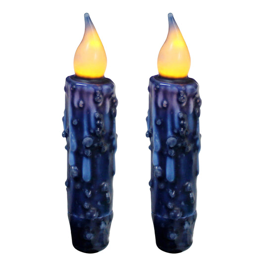 CVHOMEDECO. Real Wax Hand Dipped Battery Operated LED Timer Taper Candles Rustic Primitive Flameless Lights Decor, 4.75 Inch, Navy Blue, 2 PCS in a Package