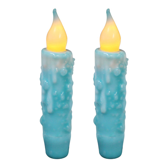 CVHOMEDECO. Real Wax Hand Dipped Battery Operated LED Timer Taper Candles Rustic Primitive Flameless Lights Decor, 4.75 Inch, Teal, 2 PCS in a Package