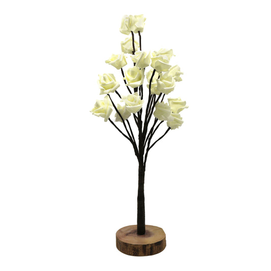 CVHOMEDECO. Battery Operated w/Timer Lighted Yellow Rose Tree Tabletop LED Light, 20 Warm White LEDs, Rustic Vintage Wooden base, For Home/Party/ Wedding/Festival/Indoor Decoration, 22 Inch