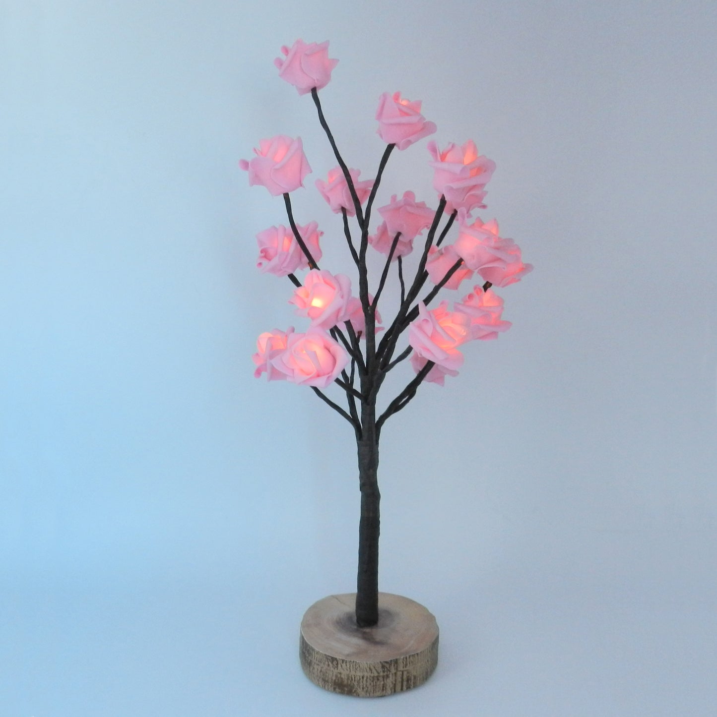CVHOMEDECO. Battery Operated w/Timer Lighted Pink Rose Tree Tabletop LED Light, 20 Warm White LEDs, Rustic Vintage Wooden base, For Home/Party/ Wedding/Festival/Indoor Decoration, 22 Inch
