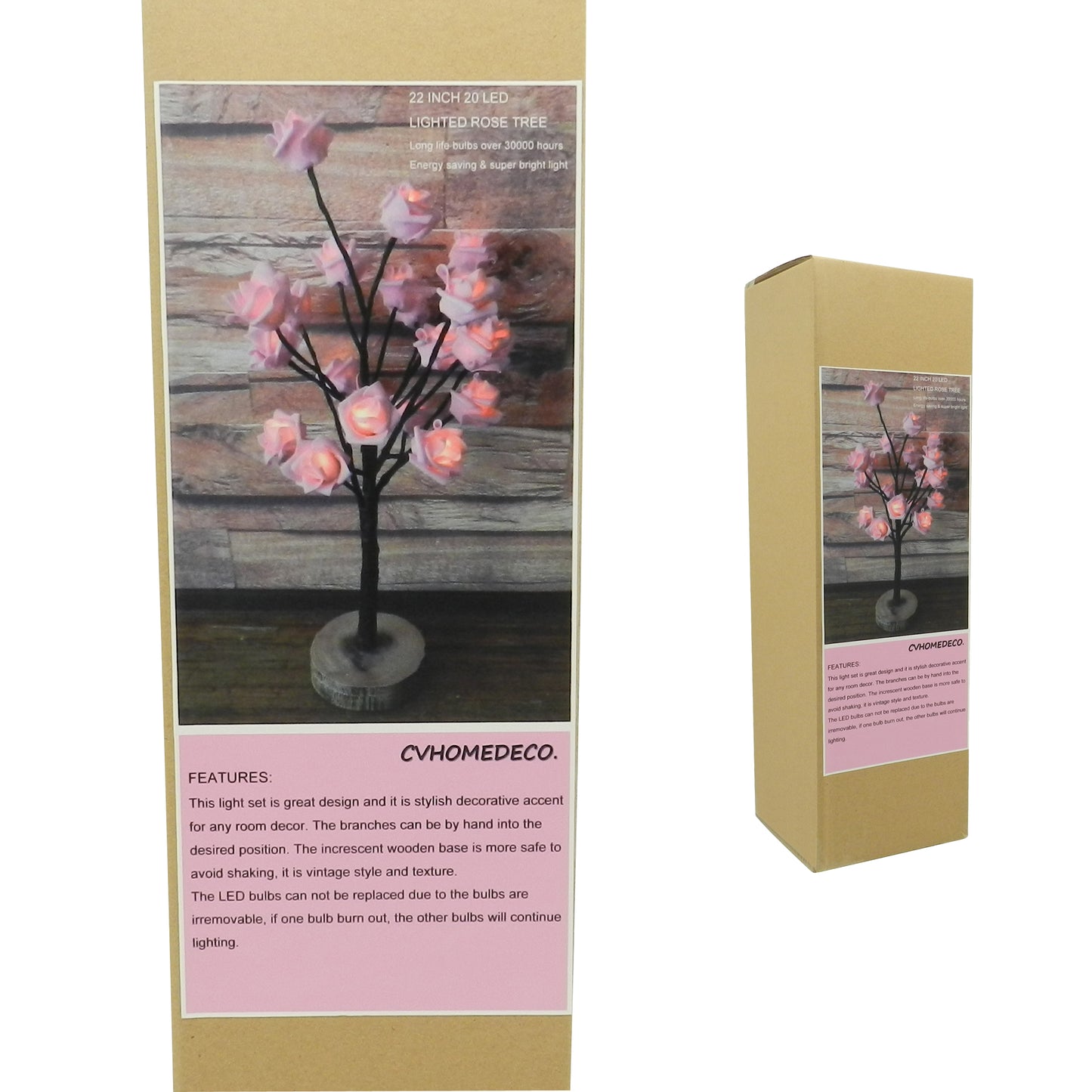 CVHOMEDECO. Battery Operated w/Timer Lighted Pink Rose Tree Tabletop LED Light, 20 Warm White LEDs, Rustic Vintage Wooden base, For Home/Party/ Wedding/Festival/Indoor Decoration, 22 Inch