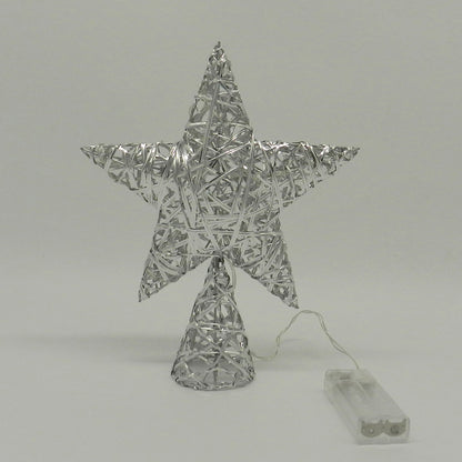 CVHOMEDECO. Silver Tree Top Star with Timer Warm White LED 10 Lights (Three Functions) for Christmas Ornaments and Holiday Seasonal Décor, 7 x 9.5 Inch