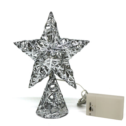 CVHOMEDECO. Silver Tree Top Star with Timer Warm White LED 10 Lights (Three Functions) for Christmas Ornaments and Holiday Seasonal Décor, 7 x 9.5 Inch