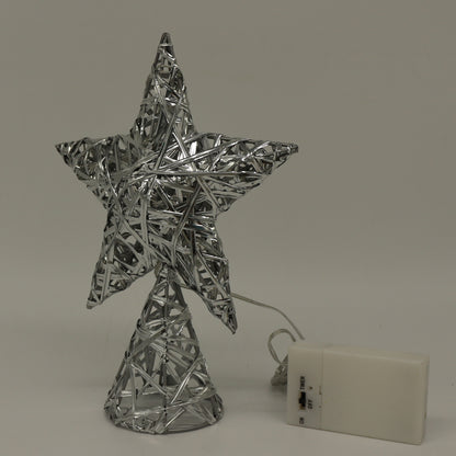 CVHOMEDECO. Silver Tree Top Star with Timer Warm White LED 10 Lights (Three Functions) for Christmas Ornaments and Holiday Seasonal Décor, 7 x 9.5 Inch