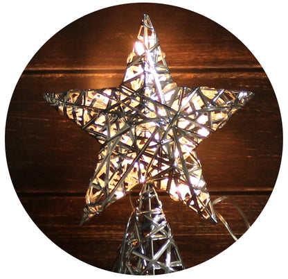 CVHOMEDECO. Silver Tree Top Star with Timer Warm White LED 10 Lights (Three Functions) for Christmas Ornaments and Holiday Seasonal Décor, 7 x 9.5 Inch