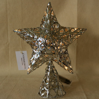 CVHOMEDECO. Silver Tree Top Star with Timer Warm White LED 10 Lights (Three Functions) for Christmas Ornaments and Holiday Seasonal Décor, 7 x 9.5 Inch