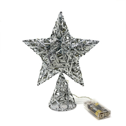 CVHOMEDECO. Silver Tree Top Star with Timer Warm White LED 10 Lights (Three Functions) for Christmas Ornaments and Holiday Seasonal Décor, 7 x 9.5 Inch