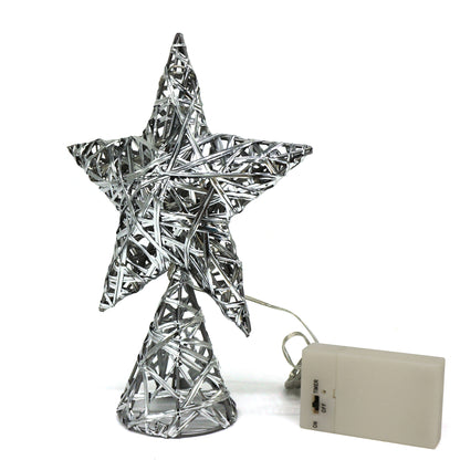 CVHOMEDECO. Silver Tree Top Star with Timer Warm White LED 10 Lights (Three Functions) for Christmas Ornaments and Holiday Seasonal Décor, 7 x 9.5 Inch