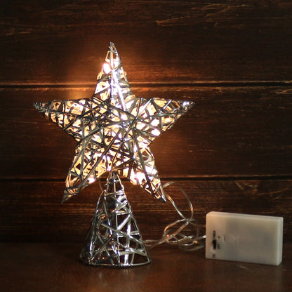 CVHOMEDECO. Silver Tree Top Star with Timer Warm White LED 10 Lights (Three Functions) for Christmas Ornaments and Holiday Seasonal Décor, 7 x 9.5 Inch