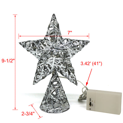 CVHOMEDECO. Silver Tree Top Star with Timer Warm White LED 10 Lights (Three Functions) for Christmas Ornaments and Holiday Seasonal Décor, 7 x 9.5 Inch