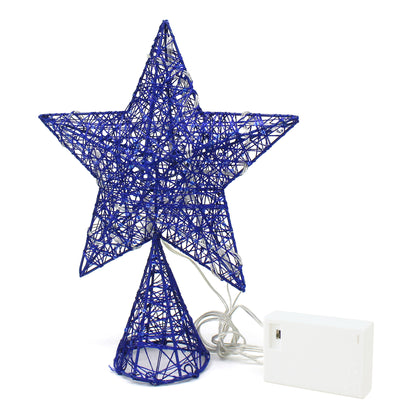 CVHOMEDECO. Blue Tree Top Star with Warm White LED Lights and Timer for Christmas Ornaments and Holiday Seasonal Décor, 8 x 10 Inch