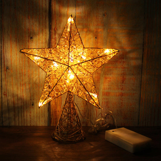 CVHOMEDECO. Gold Tree Top Star with Warm White LED Lights and Timer for Christmas Ornaments and Holiday Seasonal Décor, 8 x 10 Inch