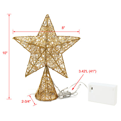 CVHOMEDECO. Gold Tree Top Star with Warm White LED Lights and Timer for Christmas Ornaments and Holiday Seasonal Décor, 8 x 10 Inch