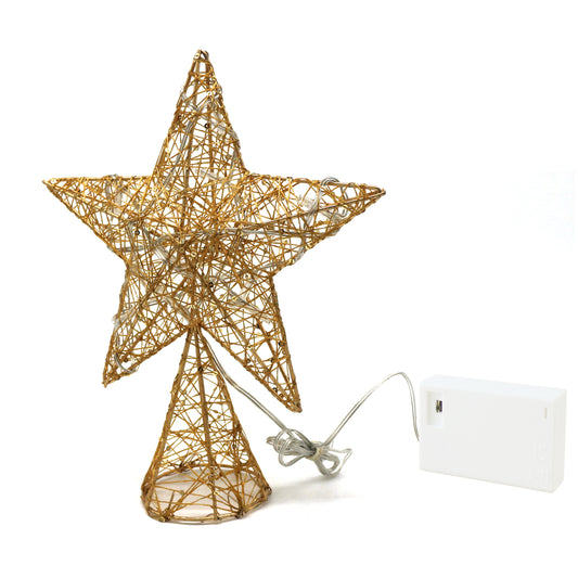 CVHOMEDECO. Gold Tree Top Star with Warm White LED Lights and Timer for Christmas Ornaments and Holiday Seasonal Décor, 8 x 10 Inch