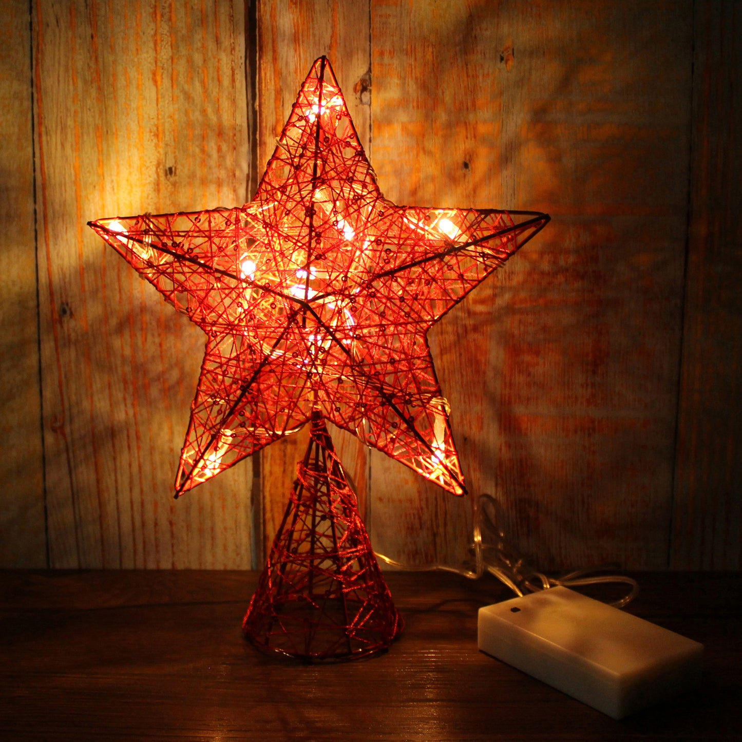 CVHOMEDECO. Red Tree Top Star with Warm White LED Lights and Timer for Christmas Ornaments and Holiday Seasonal Décor, 8 x 10 Inch