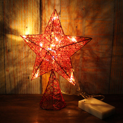 CVHOMEDECO. Red Tree Top Star with Warm White LED Lights and Timer for Christmas Ornaments and Holiday Seasonal Décor, 8 x 10 Inch