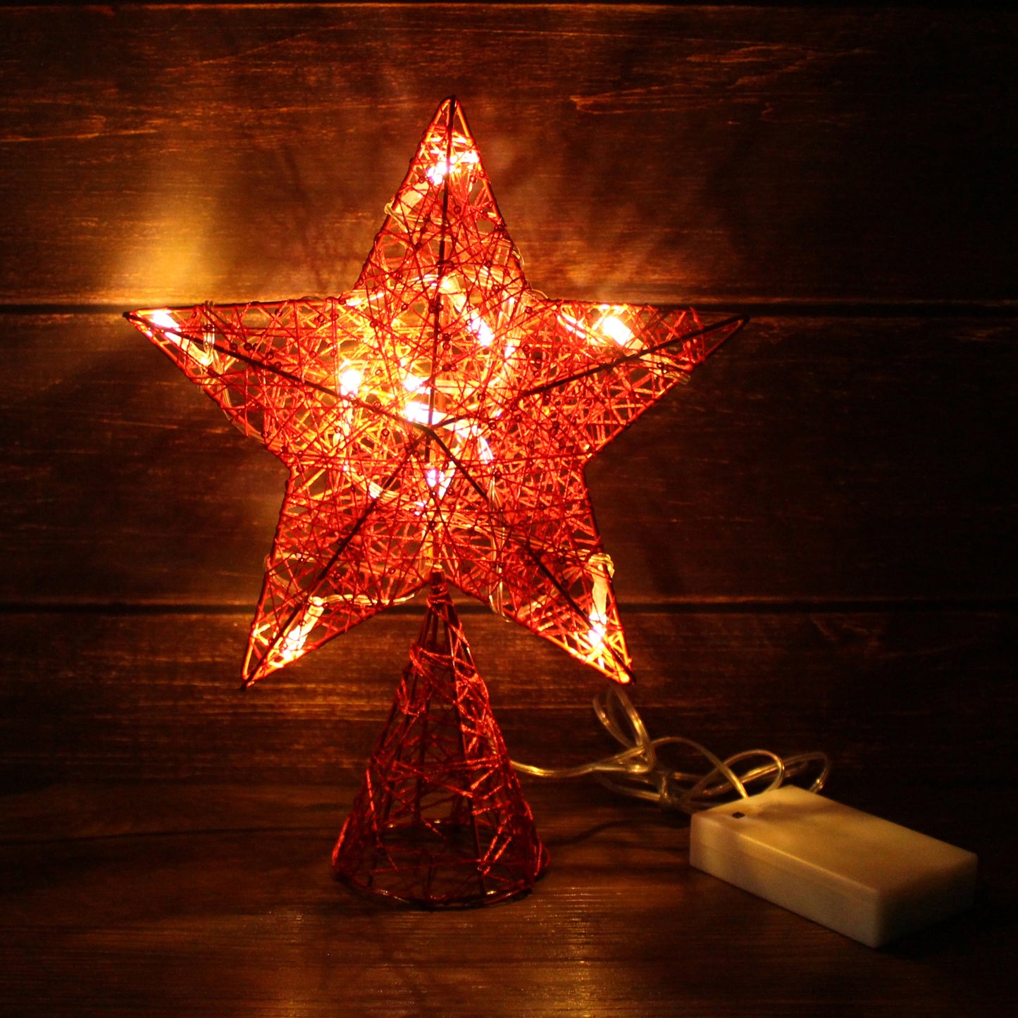 CVHOMEDECO. Red Tree Top Star with Warm White LED Lights and Timer for Christmas Ornaments and Holiday Seasonal Décor, 8 x 10 Inch