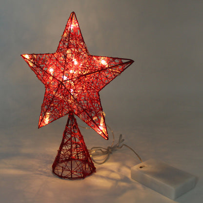 CVHOMEDECO. Red Tree Top Star with Warm White LED Lights and Timer for Christmas Ornaments and Holiday Seasonal Décor, 8 x 10 Inch