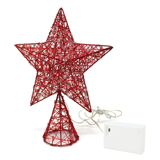 CVHOMEDECO. Red Tree Top Star with Warm White LED Lights and Timer for Christmas Ornaments and Holiday Seasonal Décor, 8 x 10 Inch