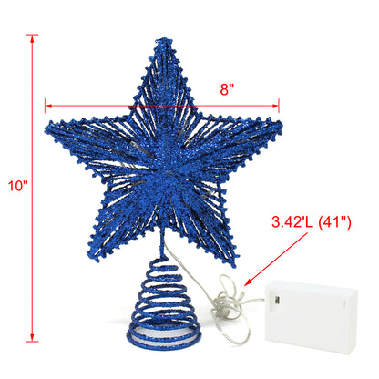 CVHOMEDECO. Blue Glittered 3D Tree Top Star with Warm White LED Lights and timer for Christmas Ornaments and Holiday Seasonal Décor, 8 x 10 Inch