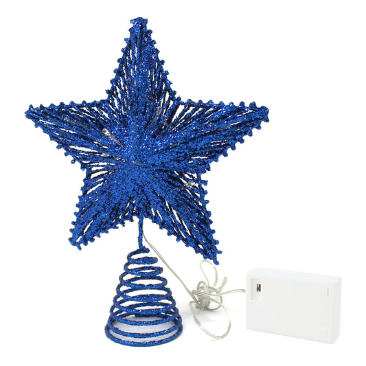 CVHOMEDECO. Blue Glittered 3D Tree Top Star with Warm White LED Lights and timer for Christmas Ornaments and Holiday Seasonal Décor, 8 x 10 Inch