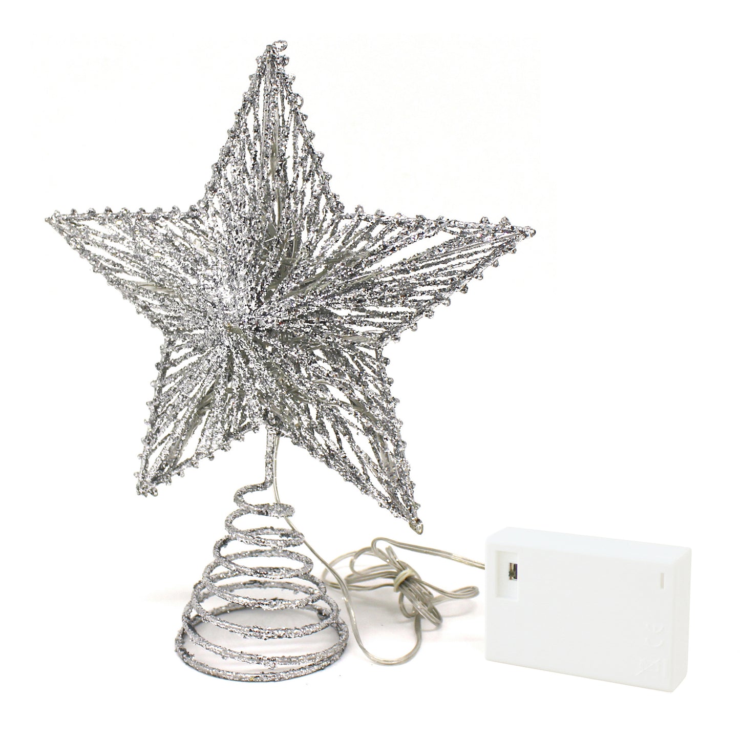 CVHOMEDECO. Silver Glittered 3D Tree Top Star with Warm White LED Lights and timer for Christmas Ornaments and Holiday Seasonal Décor, 8 x 10 Inch