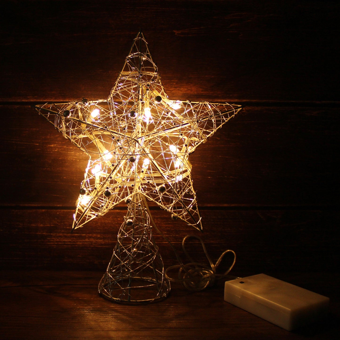 CVHOMEDECO. Silver Wire Woven Tree Top Star with Bright White LED Lights and Timer for Christmas Ornaments and Holiday Seasonal Décor, 8 x 10 Inch