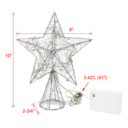 CVHOMEDECO. Silver Wire Woven Tree Top Star with Bright White LED Lights and Timer for Christmas Ornaments and Holiday Seasonal Décor, 8 x 10 Inch